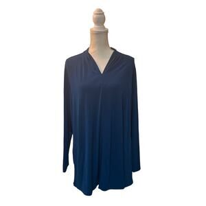 Susan Graver Every Day 1X Blue Long sleeve top tunic pockets V-neck